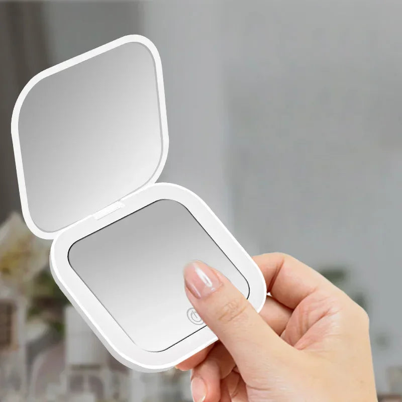 Compact Small Mini Gift Vanity Table Folding Led Lights Portable Hand Held Pocket Makeup Mirror 2X Magnifying